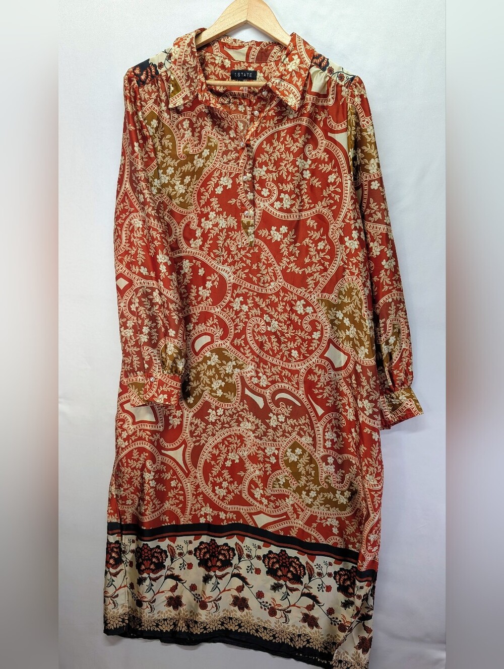 1. State Rust Paisley Long Sleeve Midi Dress with Cream Border